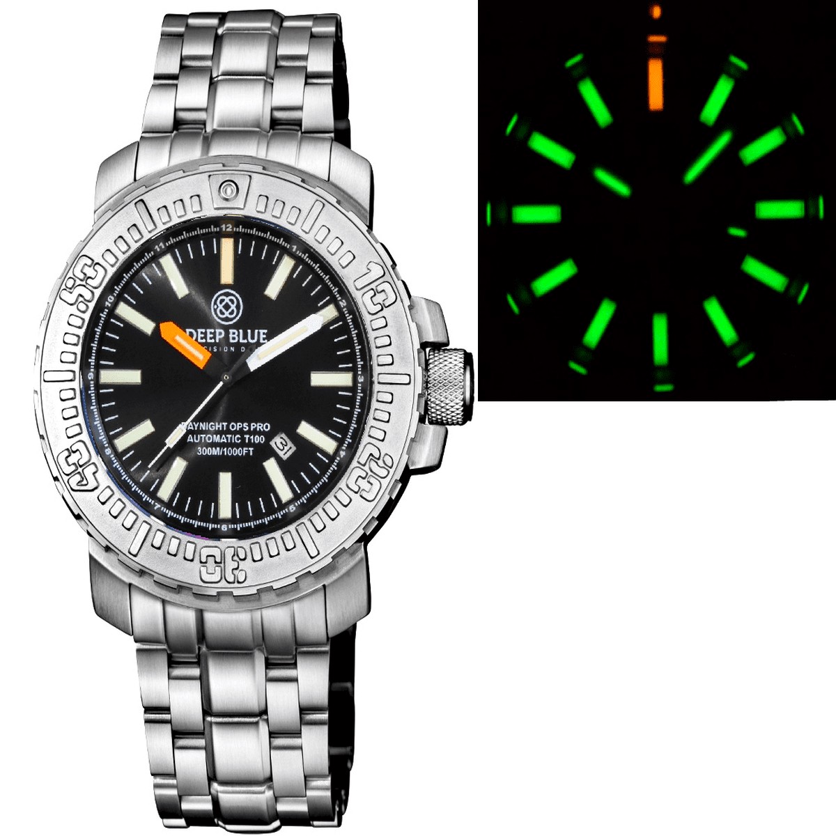 "Daynight Ops Pro Tritium Tubes Automatic 46mm Stainless Steel Bezel Black - Bracelet - Green/Orange Tritium Tubes