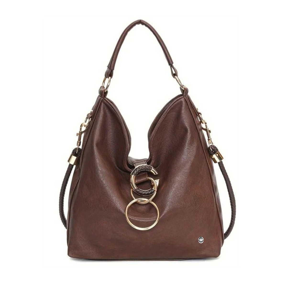 Dark Brown Hobo Bag for Women  PU Leather Shoulder Bag with Gold Ring Detail | Omax FL2002
